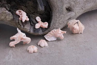 Carved pink coral figures resting on driftwood