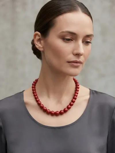 Model wearing a Mediterranean coral necklace