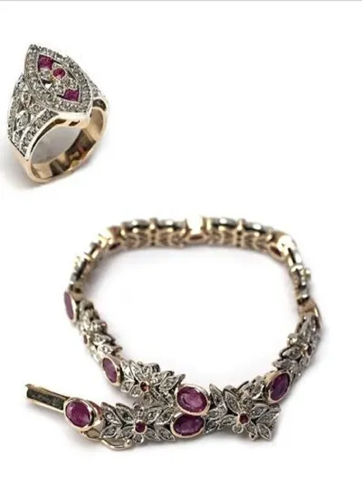 Ring and bracelet in 14kt gold with rose-cut diamonds and rubies