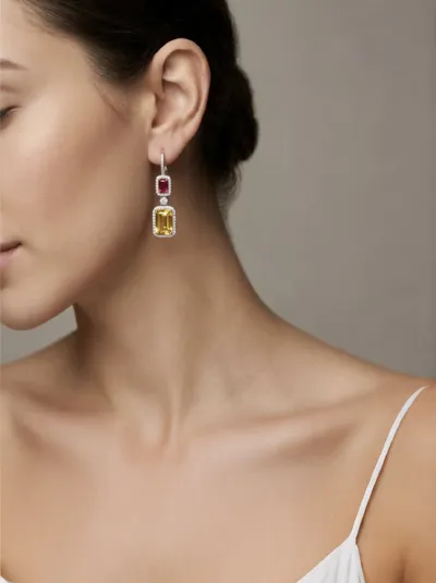 Model wearing 18Kt yellow gold earrings with emerald-cut rubies, yellow sapphires and diamonds