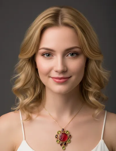 Woman wearing a gold pendant with red glass paste and semiprecious stones
