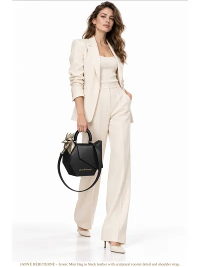 Model carrying the black leather mini-bag with sculpted rooster application