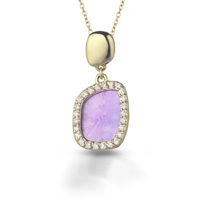 Pendant with a lilac stone framed by diamonds, in 18kt yellow gold