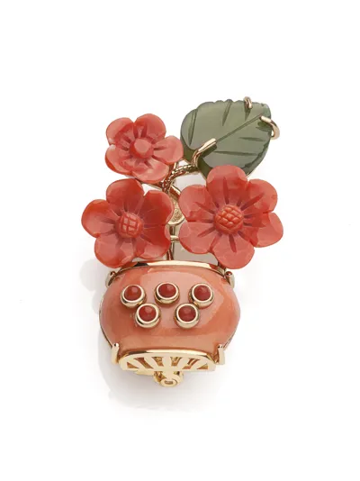 Coral, jadeite and yellow gold brooch pendant, Flower Baskets line