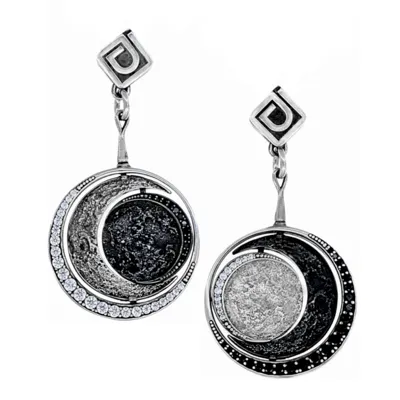 Pair of silver drop earrings showing the phases of the moon, set with white and black stones, Moonphases collection