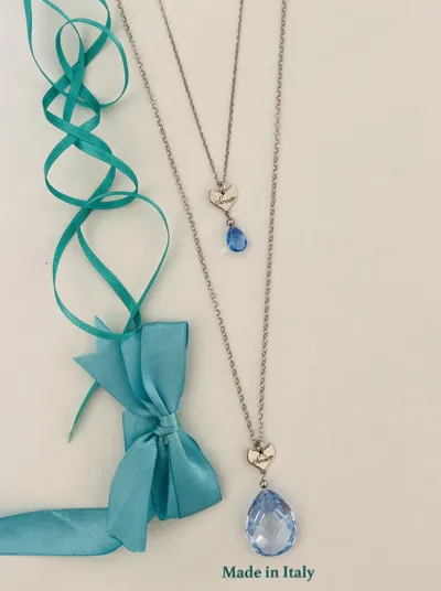 Long and short necklaces in 925 silver with blue drop-cut stones, Goccia collection