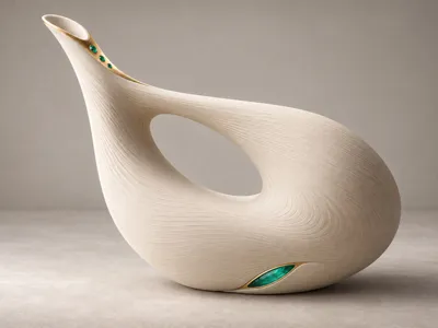 3D-printed sculptural vase with hand-set emerald applications