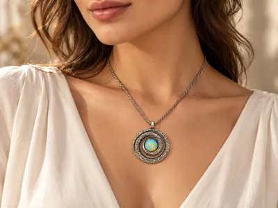 Model wearing a round silver pendant with an opal, Andromeda