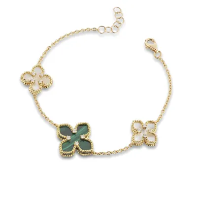 Bracelet with clover motifs in green and white stone with diamonds, in 18kt yellow gold