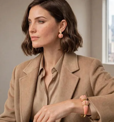 Model wearing earrings and a bracelet in 18ct gold with pink coral and diamonds