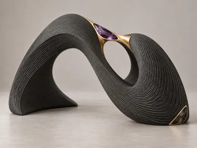 3D-printed sculpture with graphite finish, gold details, amethyst and smoky quartz