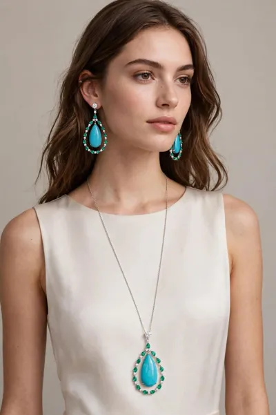 Model wearing earrings and a pendant in 18ct gold with turquoise, emeralds and diamonds