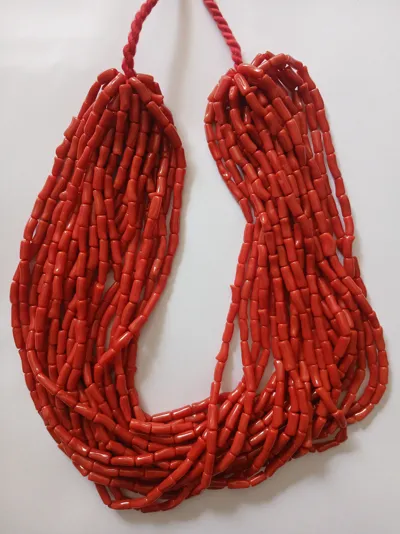 Multi-strand necklace of red coral tubes