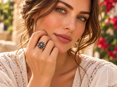 Hand wearing a silver and bronze ring with moonstone, Shina