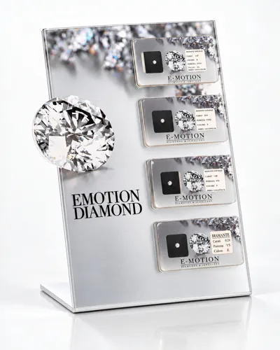 Emotion Diamond display stand with certified diamonds in E-motion blister packs