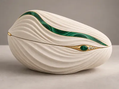 3D-printed ivory box with malachite inlay and gold clasp with diamonds