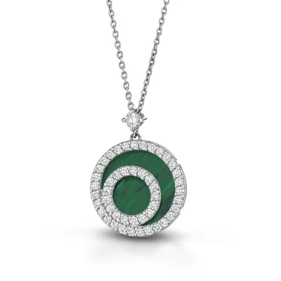 Round pendant with a green crescent framed by diamonds, in 18kt white gold