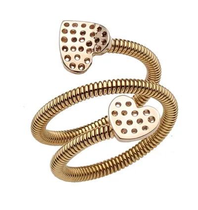 Gold tubogas wrap ring with two pierced heart mountings