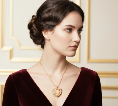 Woman in a burgundy velvet dress wearing a gold pendant with shell cameos