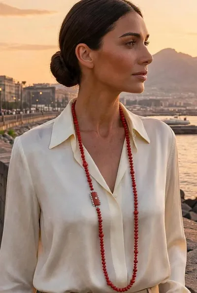 Model wearing a long necklace in 18ct gold with red coral and diamonds