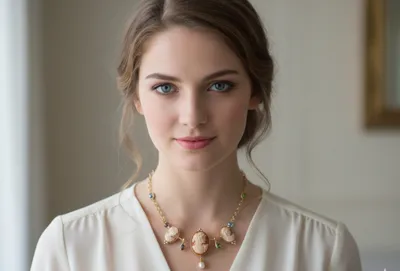 Woman wearing a gold necklace with shell cameos and semiprecious stones