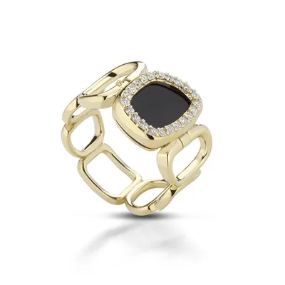 Link ring with a black square stone framed by diamonds, in 18kt yellow gold