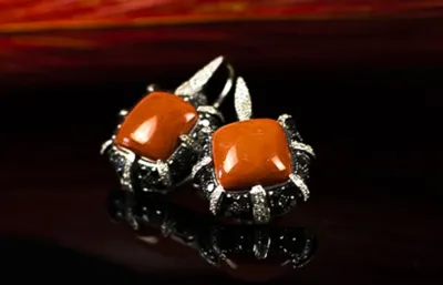 Pair of earrings with square red coral and dark stones