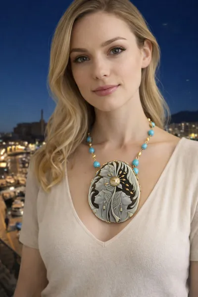 Model wearing a large cameo set in silver with 18K gold mosaic details and diamonds