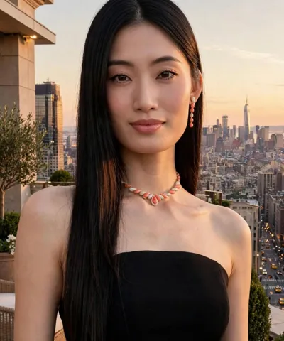 Model wearing a necklace in 18ct gold with pink coral and diamonds