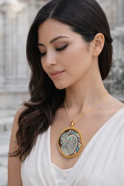 Model wearing a cameo pendant set in silver with 18K gold mosaic details and diamonds