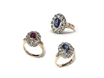 Rings in 14kt gold with rose-cut diamonds, ruby and sapphire
