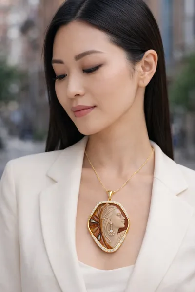 Model wearing a cameo set in 18K gold with gold mosaic details and diamonds