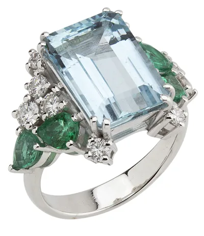 18K gold ring with aquamarine, emeralds and diamonds