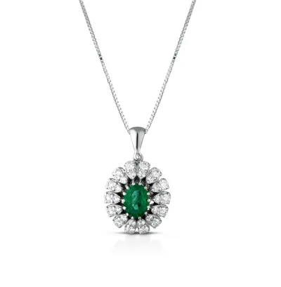 White gold pendant with an oval emerald and diamond halo