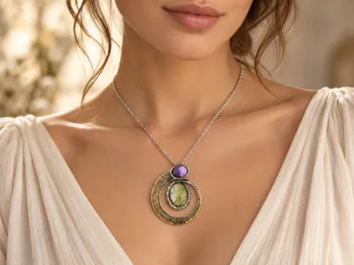 Model wearing a silver and bronze pendant with amethyst and rutilated quartz, Mini Fusion