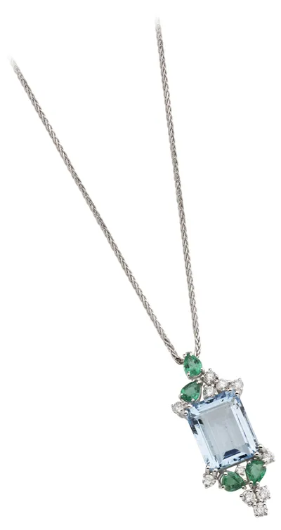 18K gold pendant necklace with aquamarine, emeralds and diamonds
