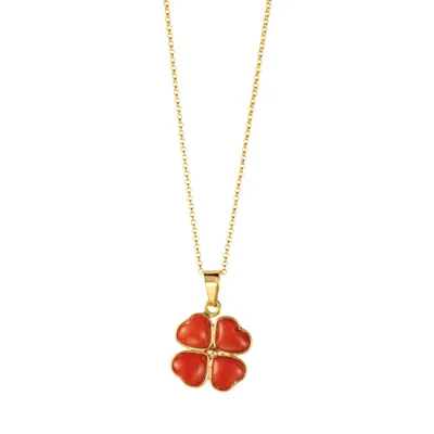 Four-leaf clover pendant in red coral and 18kt gold on a gold chain