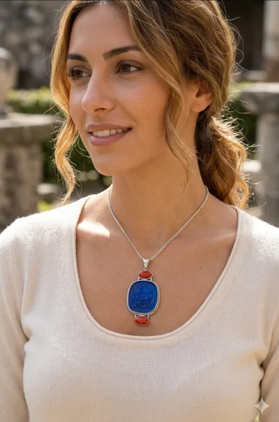 Woman wearing a white gold necklace with blue glass paste and Mediterranean coral