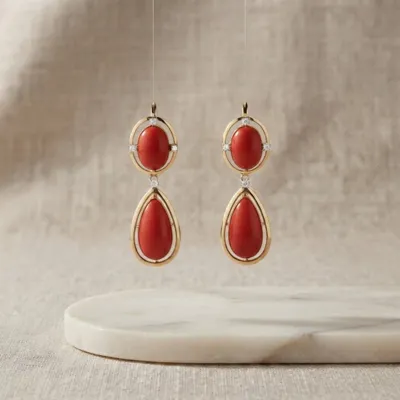 Earrings in 18kt gold with Mediterranean coral and diamonds