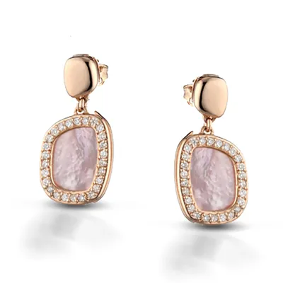 Drop earrings with pink stones framed by diamonds, in 18kt rose gold