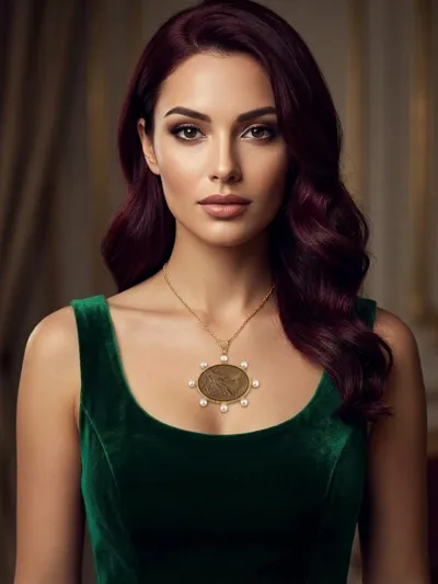 Woman in a green velvet dress wearing a gold necklace with a lava stone cameo and pearls