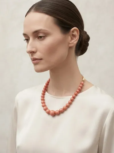 Model wearing a Magai coral necklace