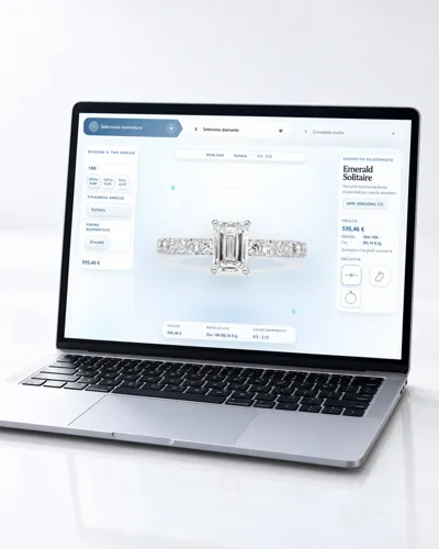 Laptop showing the Emotion Ring Builder with an emerald-cut solitaire ring