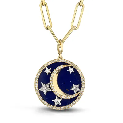 Round dark blue pendant with a gold crescent moon and diamond stars, in 18kt yellow gold