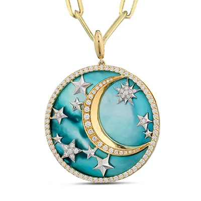 Round turquoise pendant with a gold crescent moon and diamond stars, in 18kt yellow gold