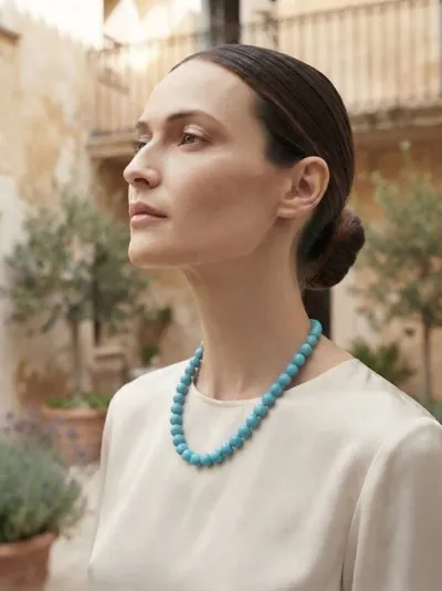 Model wearing a natural Arizona turquoise necklace