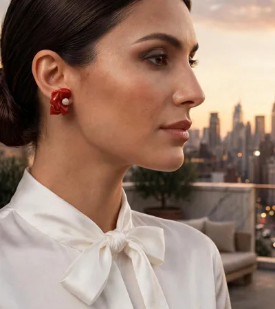 Model wearing earrings in 18ct gold with dark red coral and diamonds