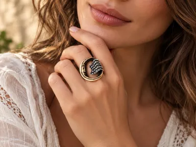 Hand wearing a silver and bronze ring with diamonds, Maree