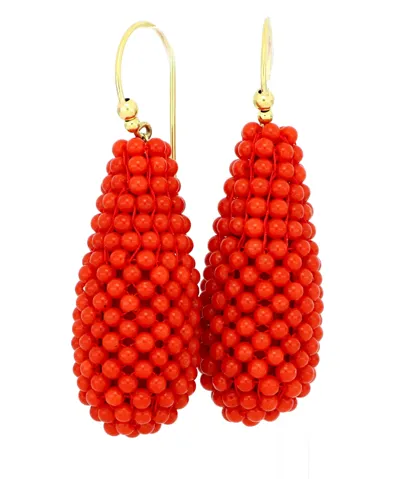Drop earrings covered in tiny red coral beads, set in 18kt gold