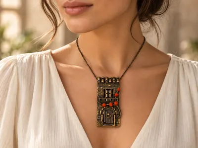 Model wearing a silver and bronze pendant shaped like a village gate, with coral, Borgo